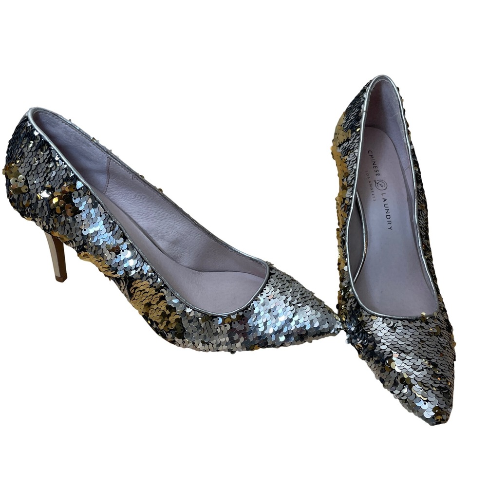 Chinese Laundry Women Gold Silver Sequin Pointed Toe Stiletto Heel Pumps Shoes